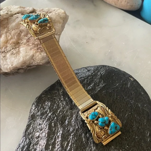 Gold 14K Native American Turquoise Vintage Watch Tips signed Walley - Picture 8 of 15